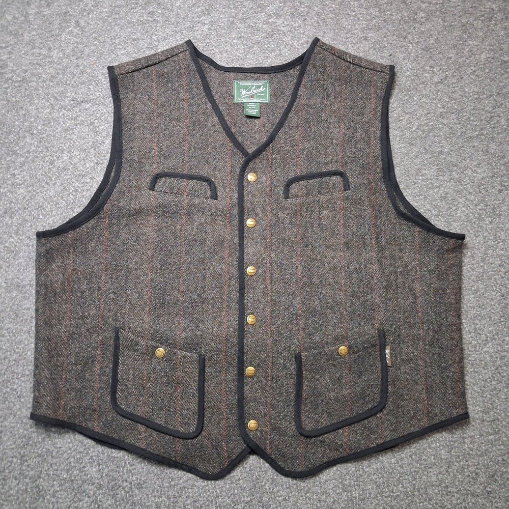 Woolrich Mens XL Grey Herringbone Wool Blend Button Up Utility Vest Cinch Back